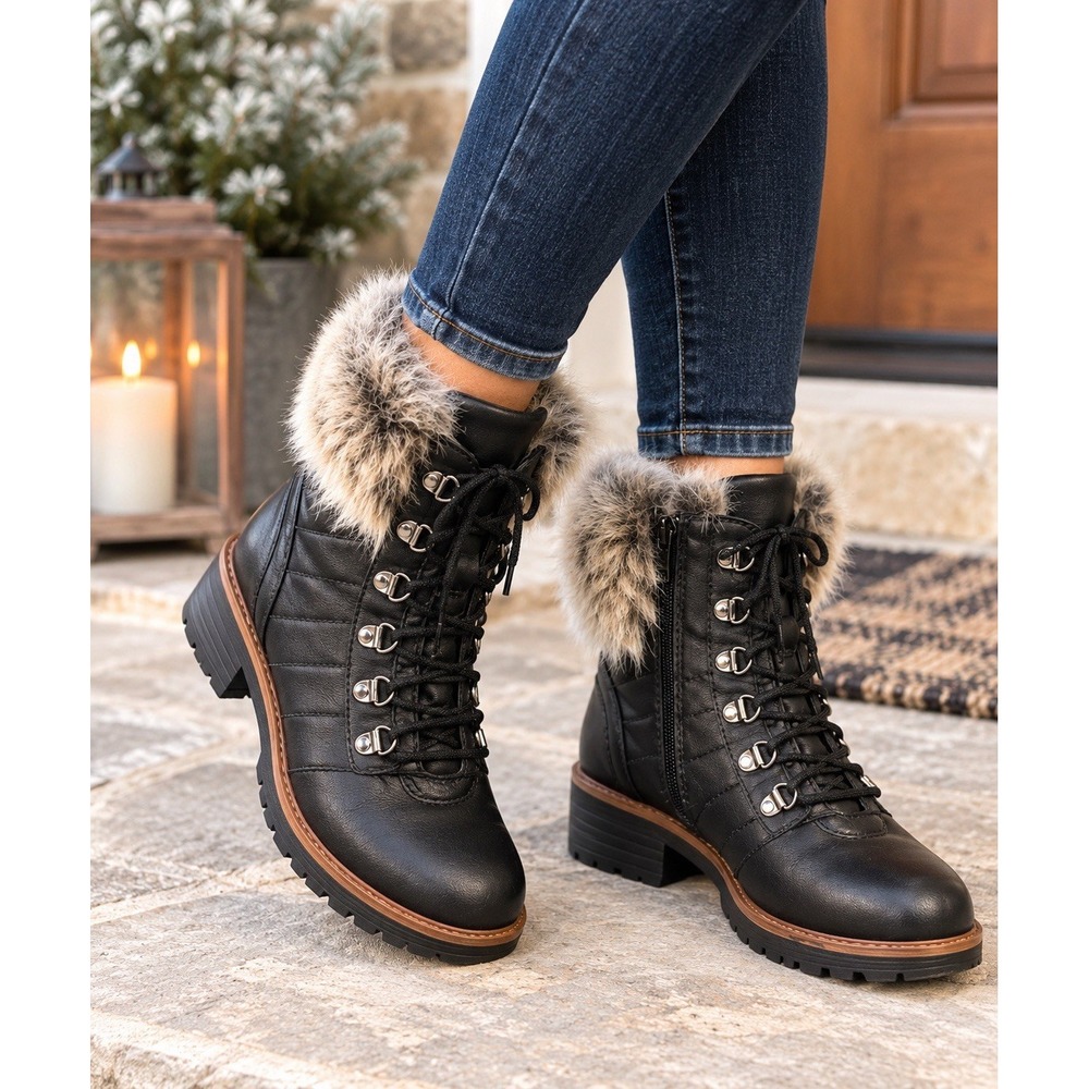 Women's Size 8 Black Faux Fur Lace Up Combat Hiker Boots Lug Sole Zip